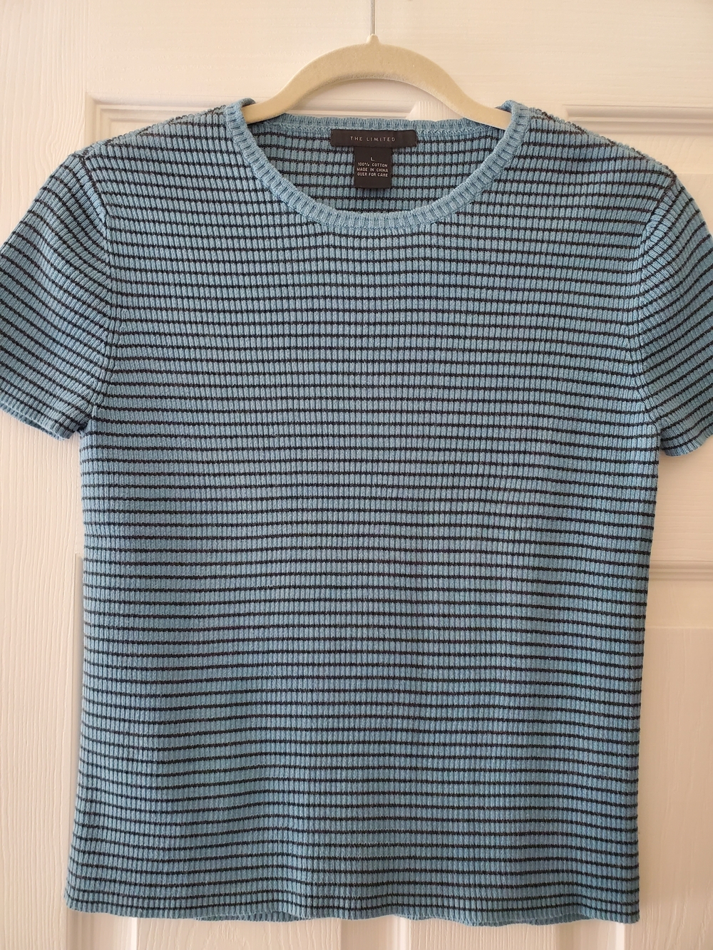 The Limited Blue & Black Striped Short Sleeve Knit Sweater
